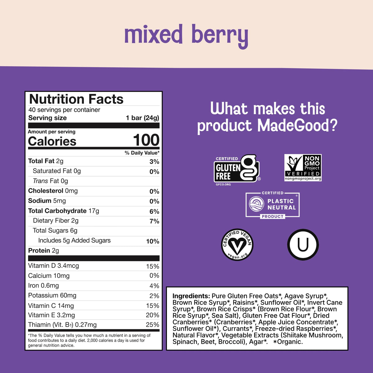 MadeGood Mixed Berry Granola Bars close-up reveals oats and berry chunks.