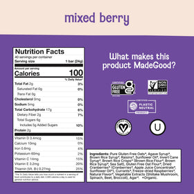 MadeGood Mixed Berry Granola Bars close-up reveals oats and berry chunks.