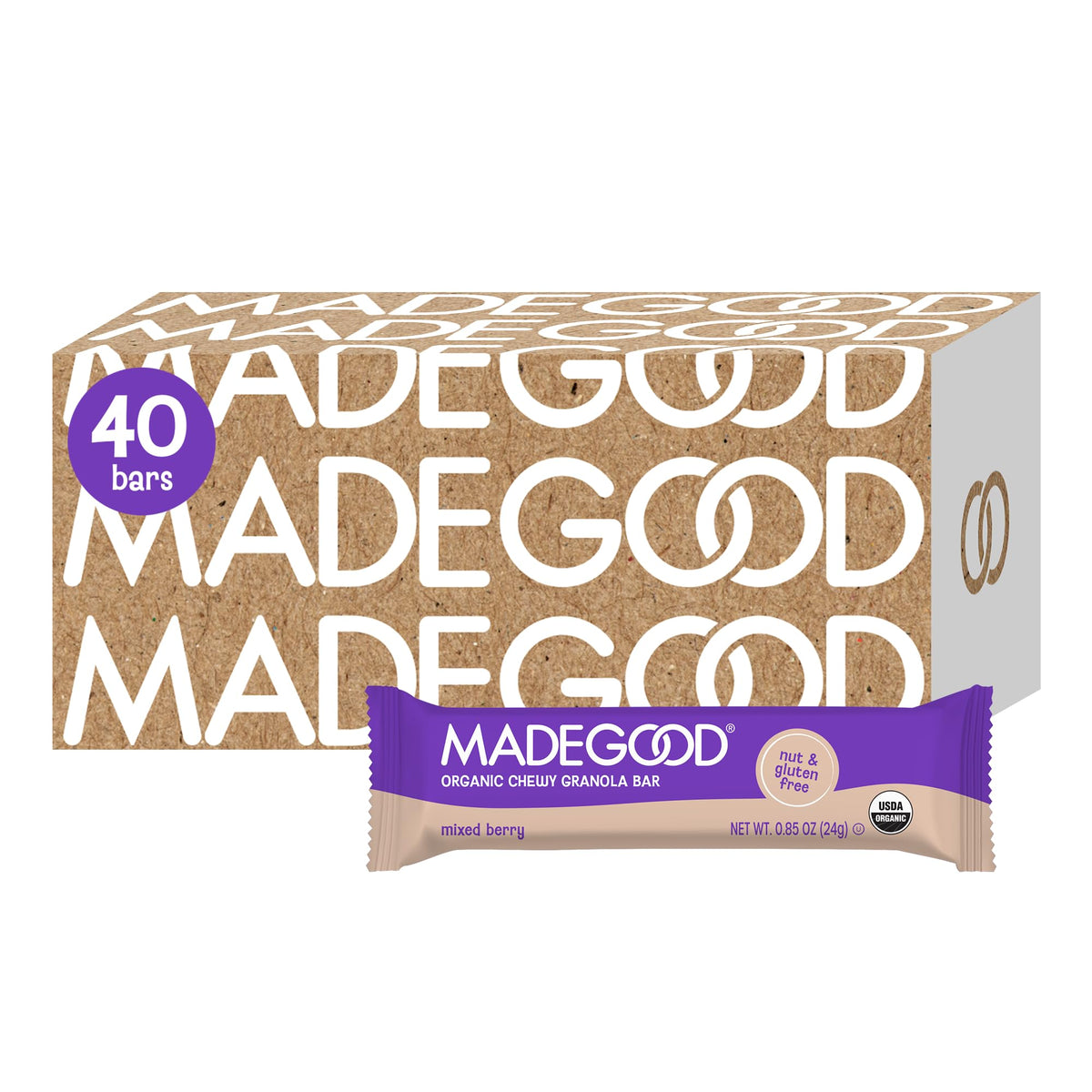 MadeGood Mixed Berry Granola Bars packaging shows a convenient gluten-free snack option.