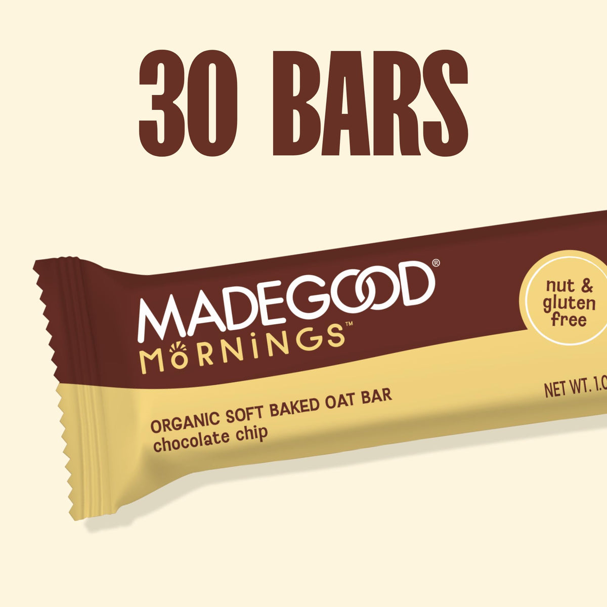 MadeGood Mornings chocolate chip close-up emphasizes soft texture.