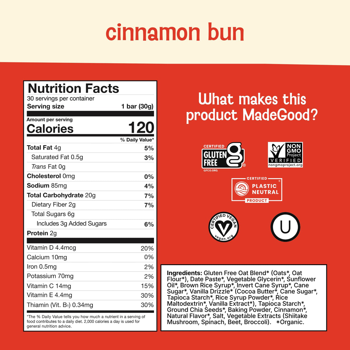 Vegan and organic certification badges on MadeGood bars