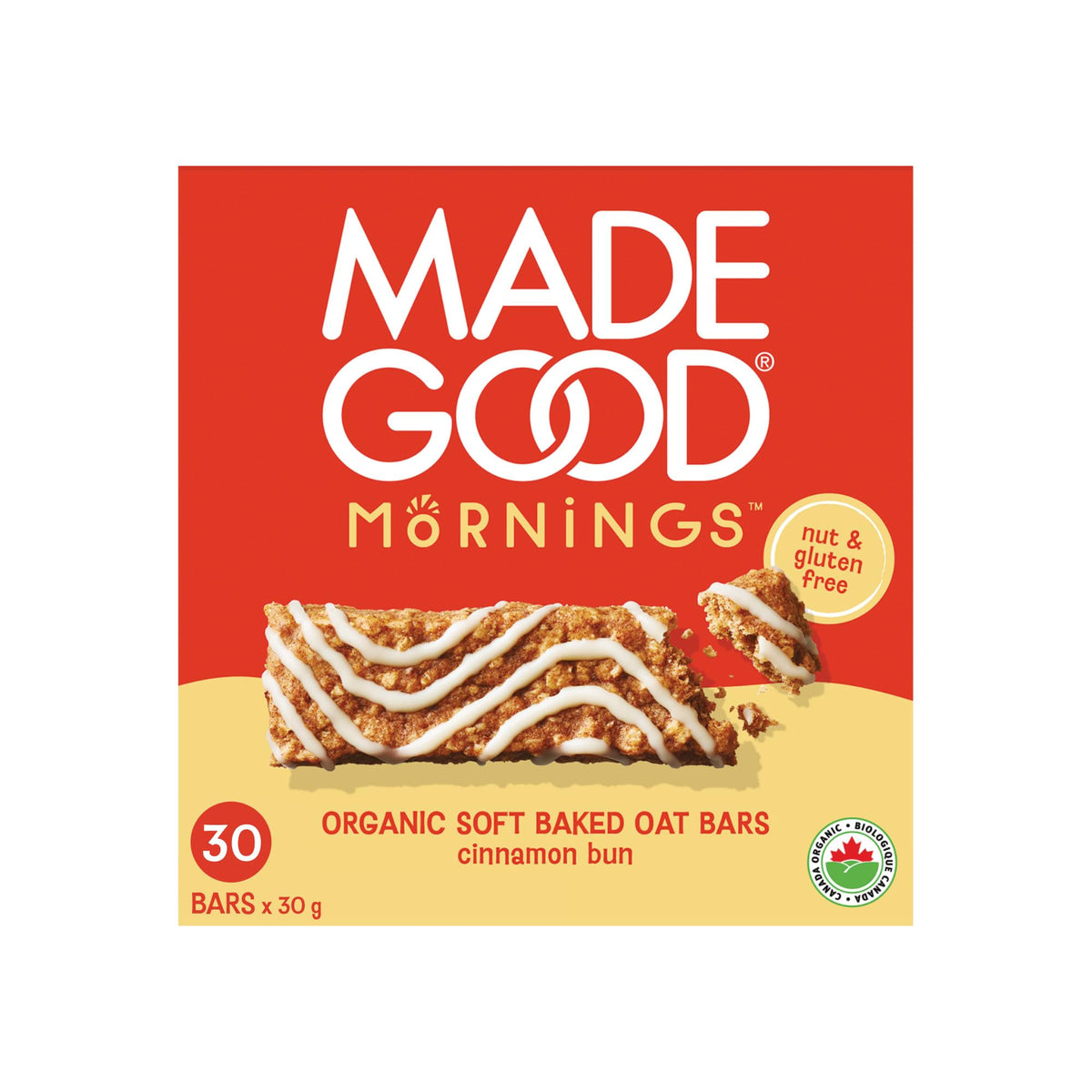 MadeGood Mornings Cinnamon Bun bar in packaging for quick breakfast on the go