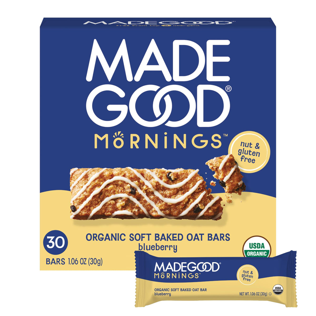 MadeGood Mornings Blueberry bars in box for a quick gluten-free breakfast.