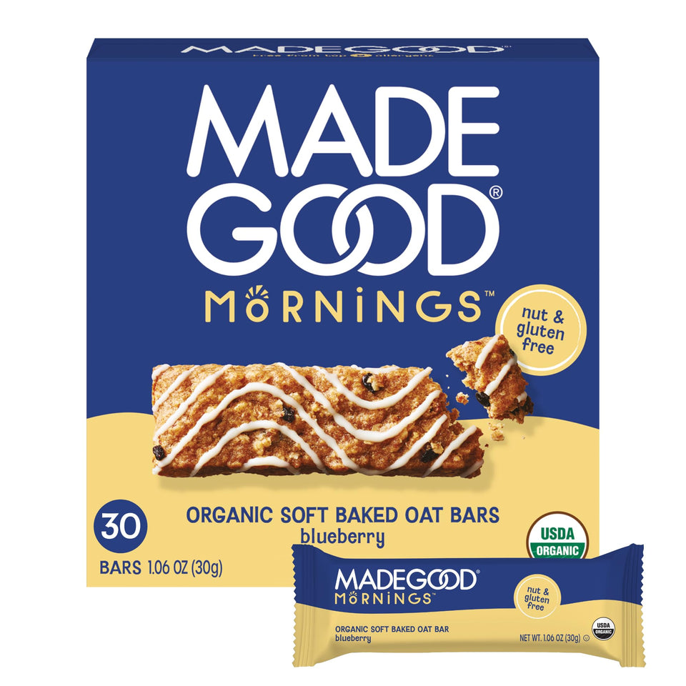 MadeGood Mornings Blueberry bars in box for a quick gluten-free breakfast.