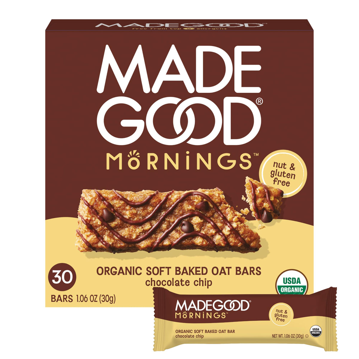 MadeGood Mornings chocolate chip soft baked bars pack, ideal for quick breakfasts.