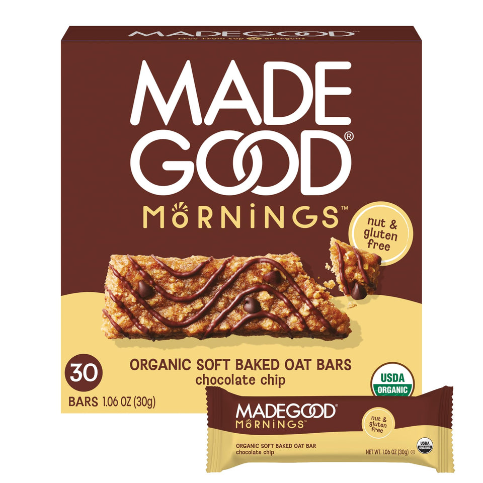 MadeGood Mornings chocolate chip soft baked bars pack, ideal for quick breakfasts.