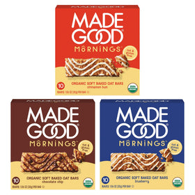 MadeGood Mornings Soft Baked Oat Bars Chocolate Chip packaging, portable gluten-free breakfast.