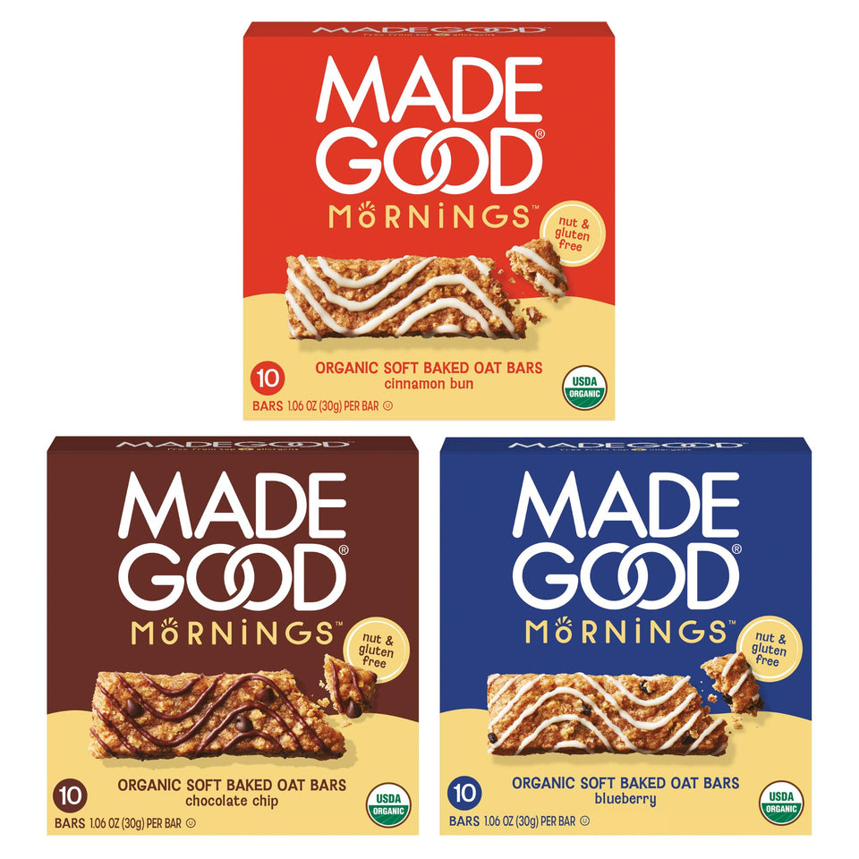 MadeGood Mornings Soft Baked Oat Bars Chocolate Chip packaging, portable gluten-free breakfast.