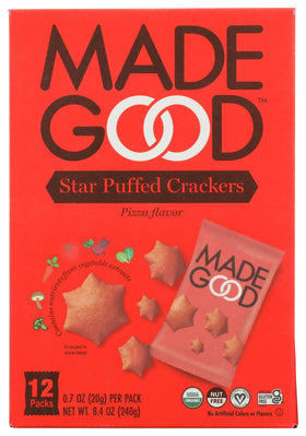 MadeGood Organic Pizza Star Puffed Crackers front view in multipack, kid-friendly snack option.