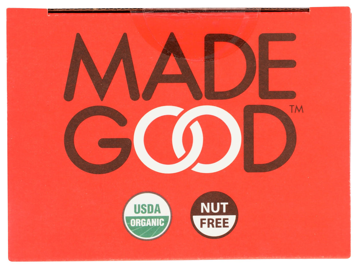 MadeGood Organic Pizza Star Puffed Crackers nutrition panel showing ingredients and allergen info.