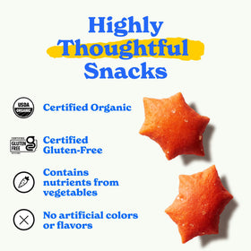 MadeGood Organic Pizza Star Puffed Crackers product packaging, highlighting organic ingredients and multipack.