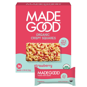 MadeGood Strawberry Crispy Square bar close-up, crisp texture and strawberry flavor for quick snacks.