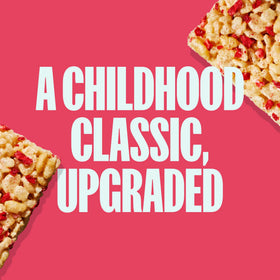 Close-up of a strawberry Crispy Square, highlighting plant-based ingredients.