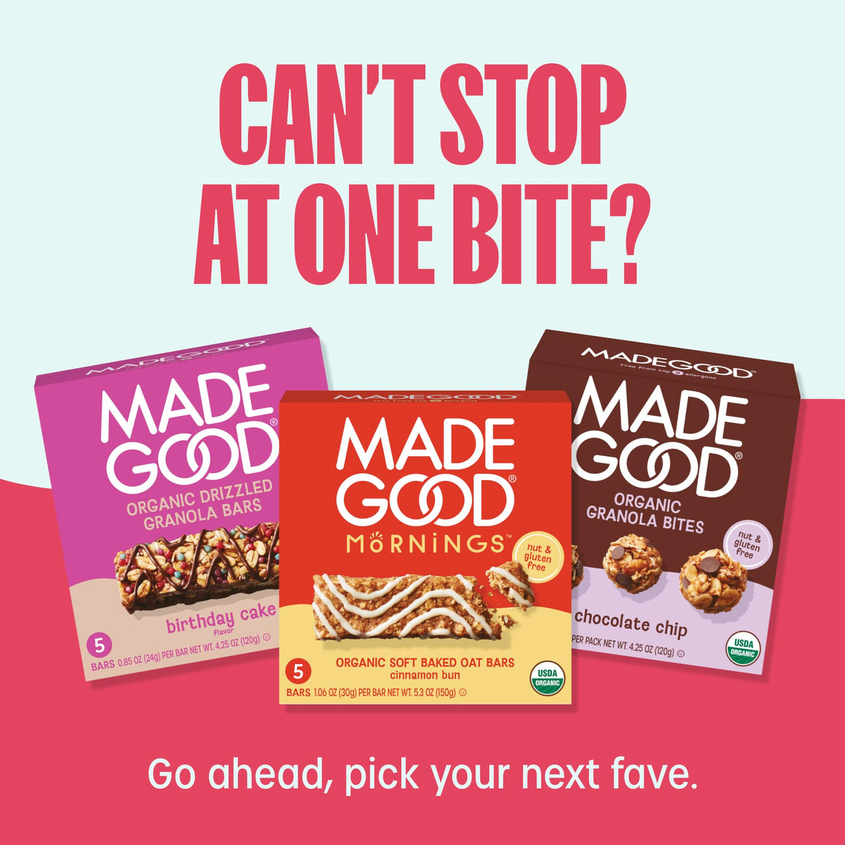 Nut-free MadeGood strawberry snack beside water bottle for travel.