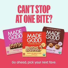 Nut-free MadeGood strawberry snack beside water bottle for travel.