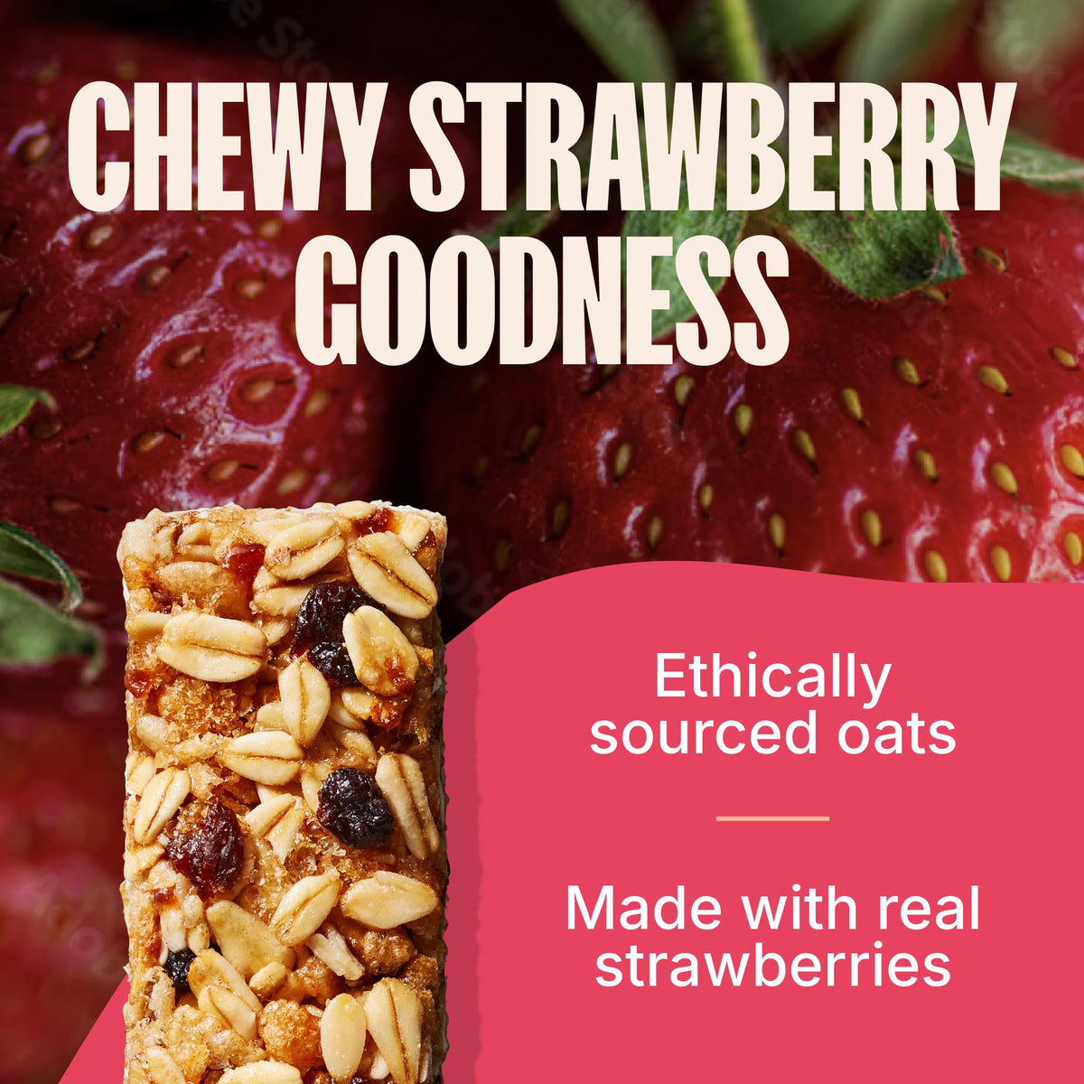 MadeGood Strawberry Granola Bars ingredients close-up featuring oats and strawberry pieces.