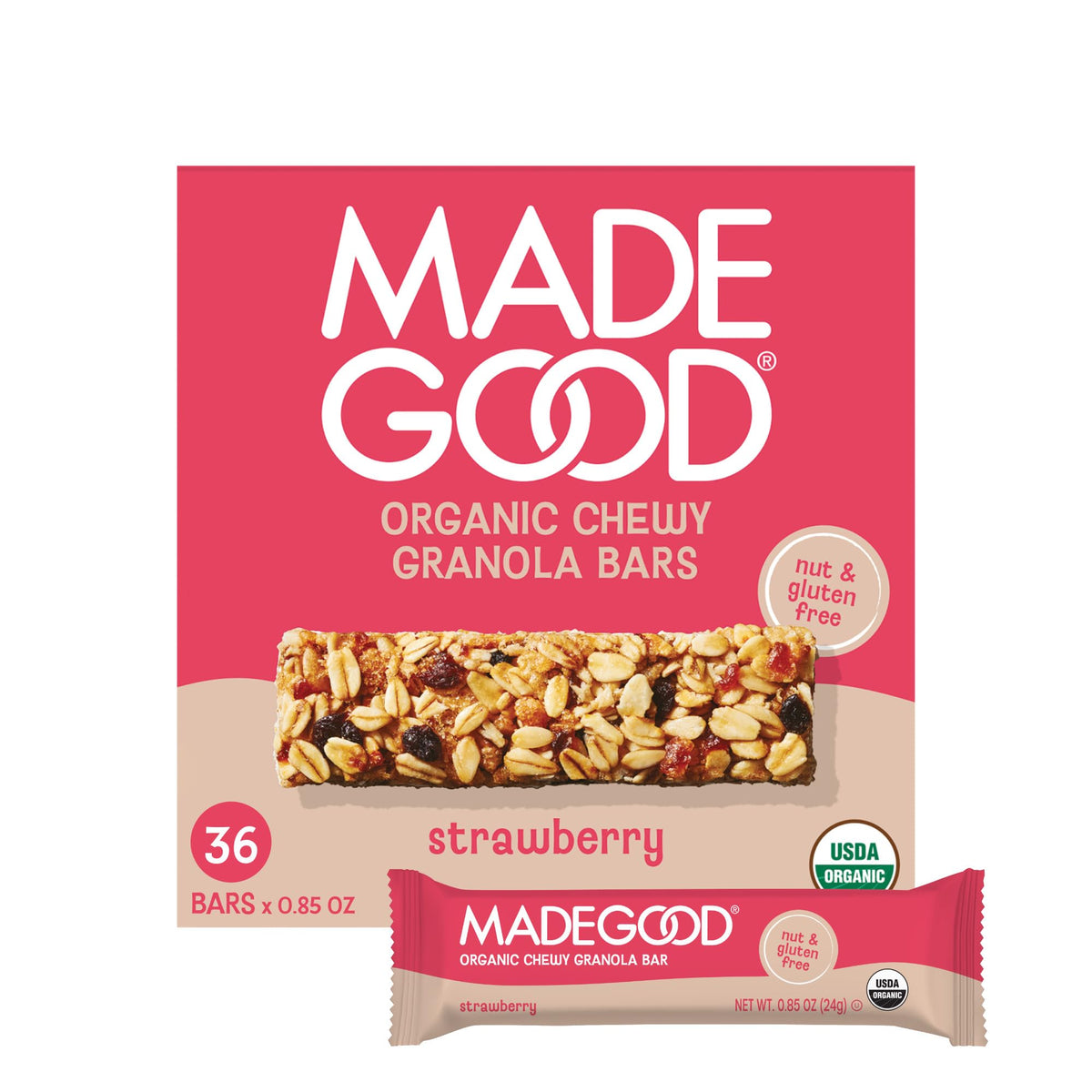 MadeGood Strawberry Granola Bars packaging highlights gluten-free, vegan snack option.