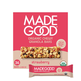 MadeGood Strawberry Granola Bars packaging highlights gluten-free, vegan snack option.