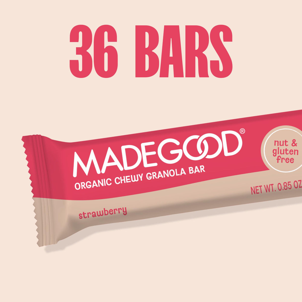 MadeGood Strawberry Granola Bars pantry shot showing 36-bar box.