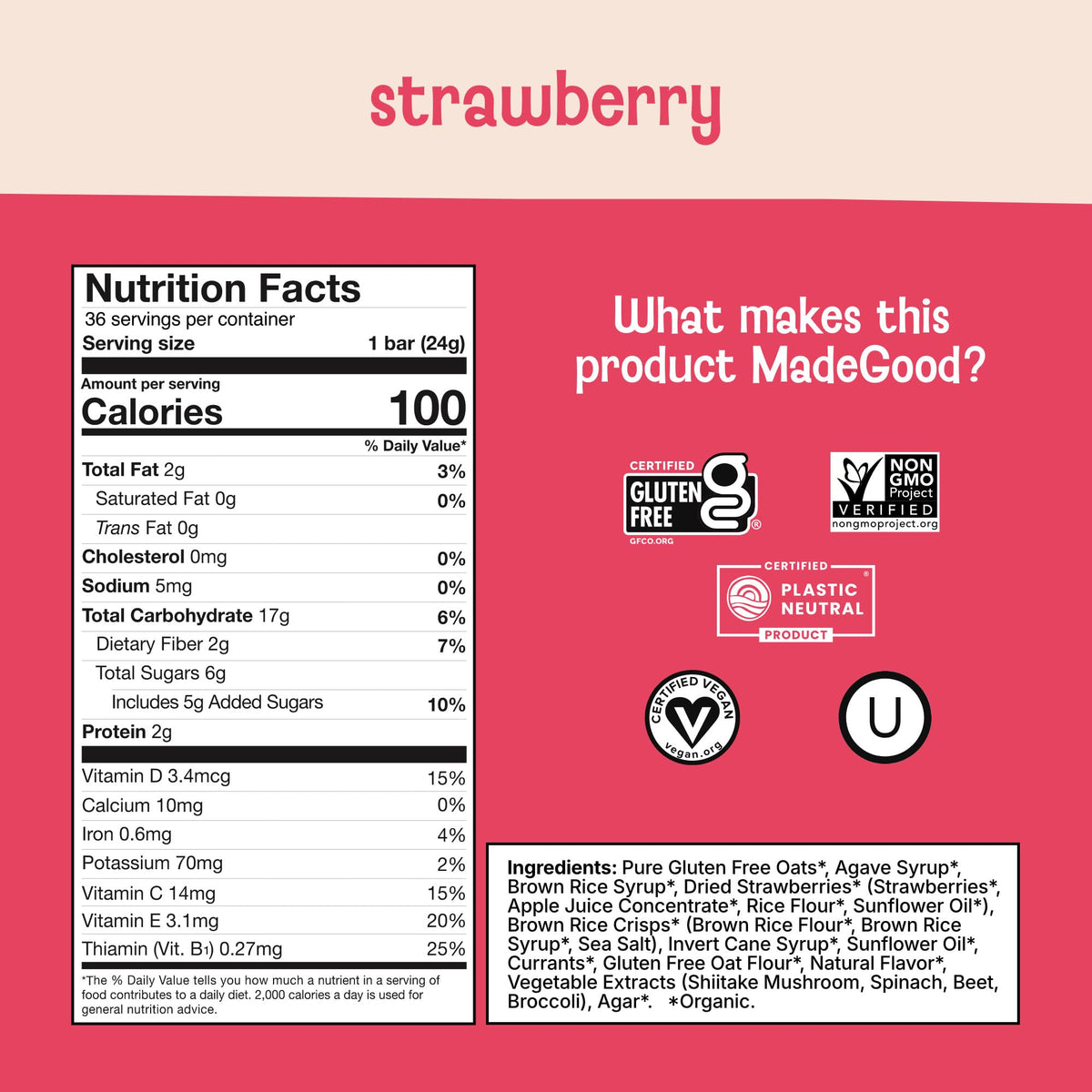 MadeGood Strawberry Granola Bars nutrients from six vegetables close-up.