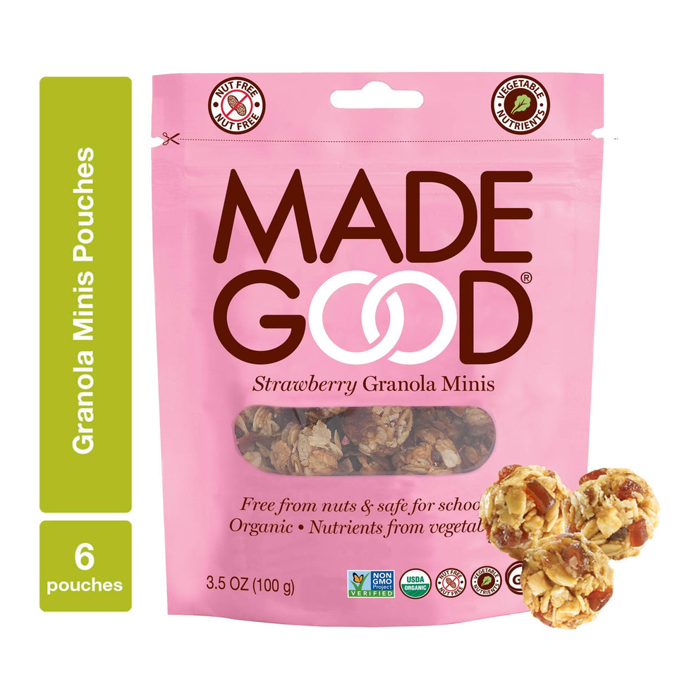 MadeGood Strawberry Granola Minis packaging for on-the-go snacking.