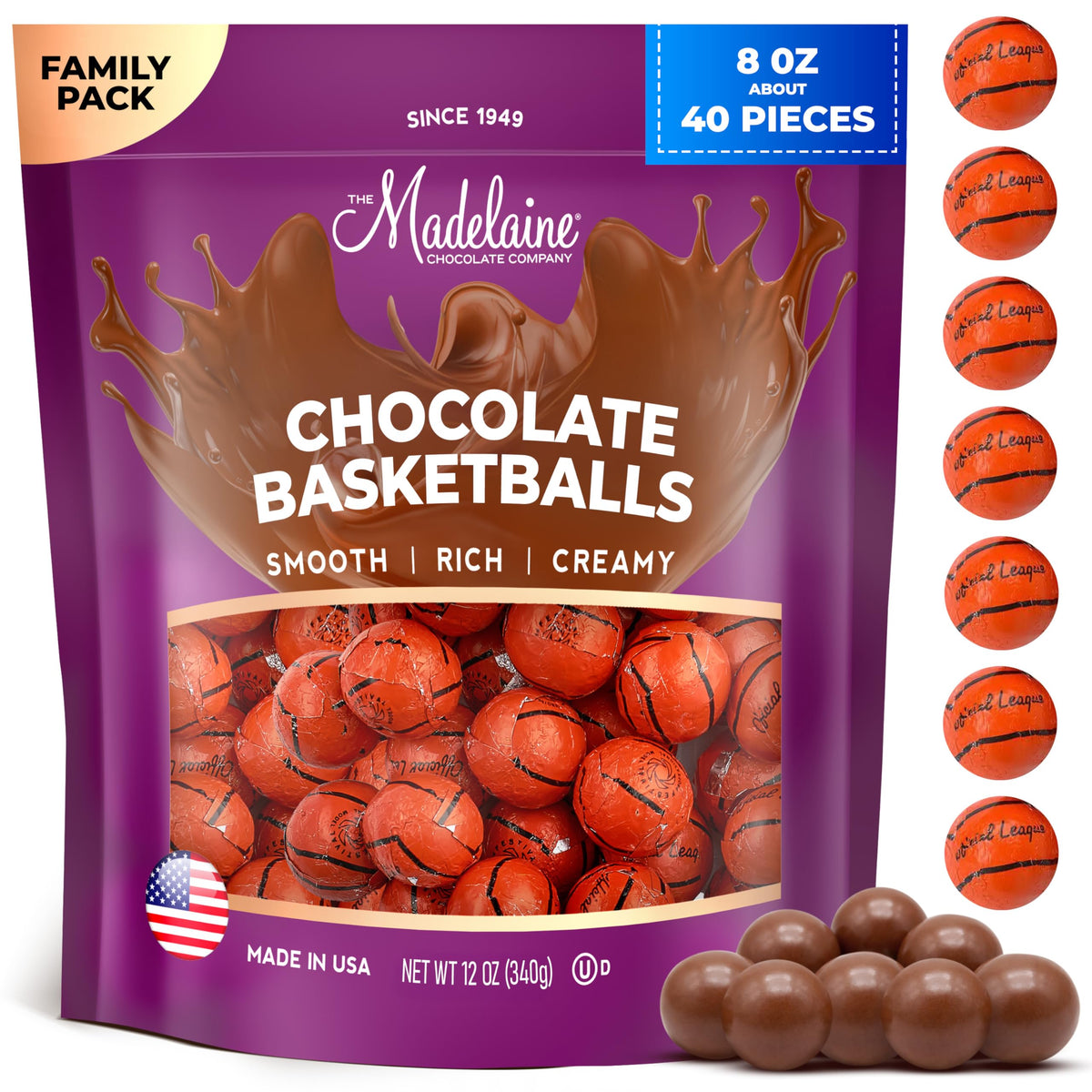 Madelaine basketball party favors pack showing bite-sized chocolate balls for celebrations