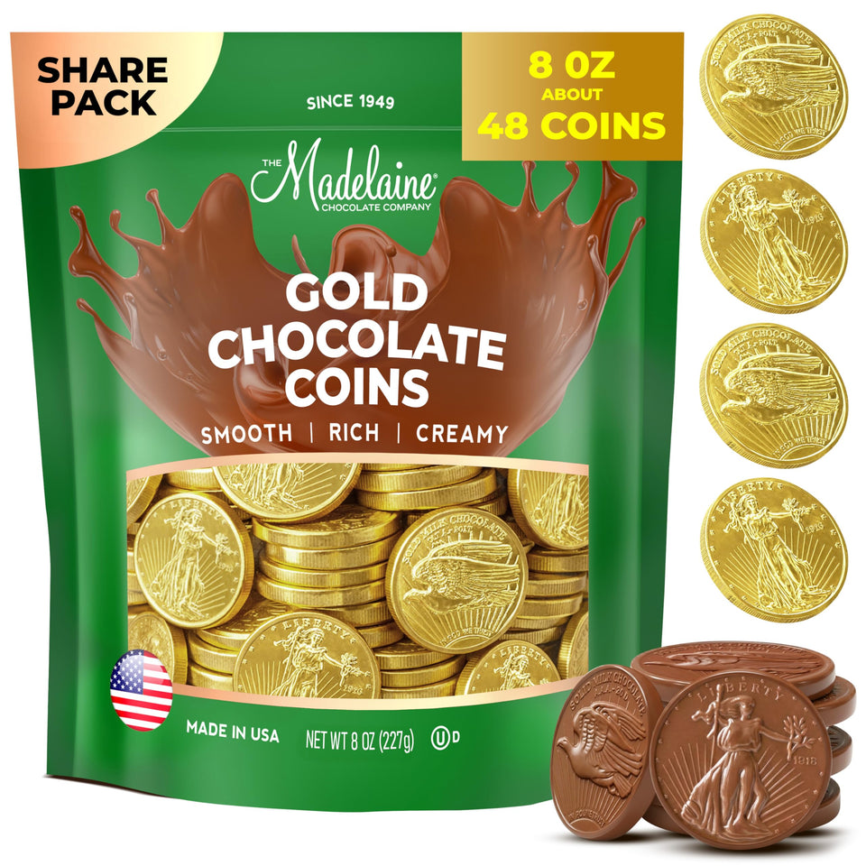 Madelaine Gold Coins closeup wrapped, premium chocolate ready for sharing.