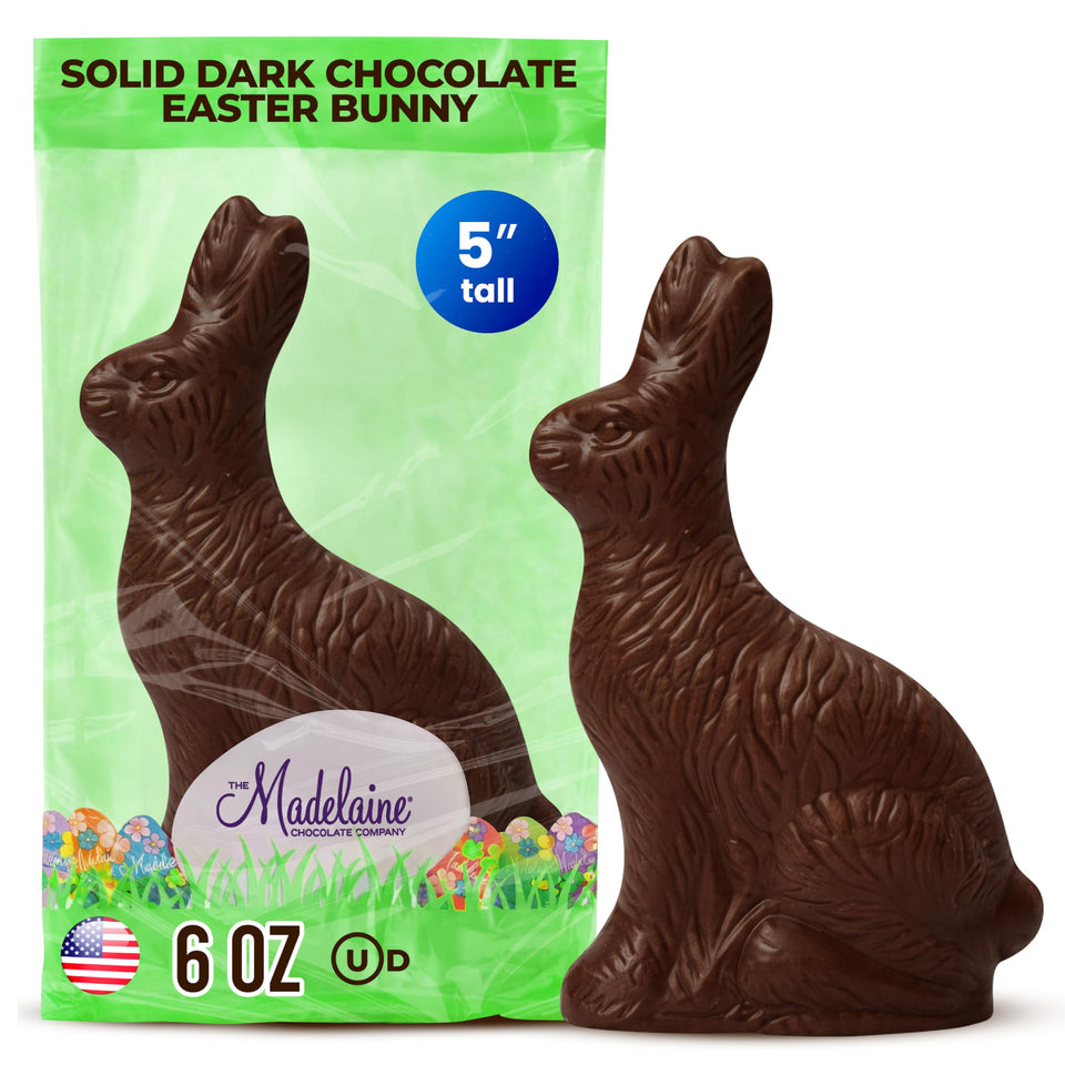 The Madelaine solid dark chocolate Easter bunny in a festive 6 oz bag for gifting