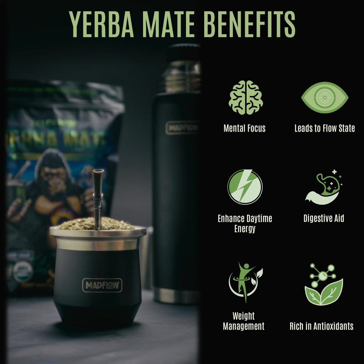 MADFLOW traditional gourd and bombilla setup for an authentic yerba mate ritual.