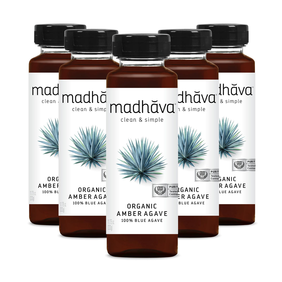 Madhava Amber Agave bottle with six-pack for clean, natural sweetness in beverages.