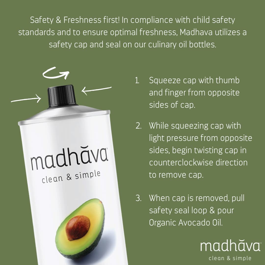MADHAVA Avocado Oil Non-GMO verified labeling and purity assurance.