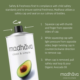 MADHAVA Avocado Oil Non-GMO verified labeling and purity assurance.