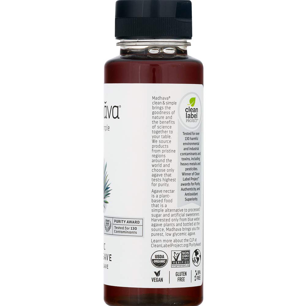 Madhava Blue Agave Amber nutrition panel confirms gluten-free and vegan options.