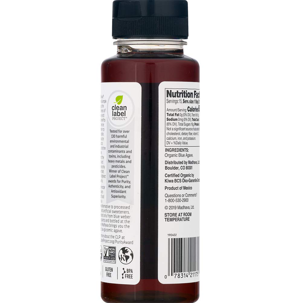 Madhava Blue Agave amber in pantry scene suggests convenient kitchen sweetener.