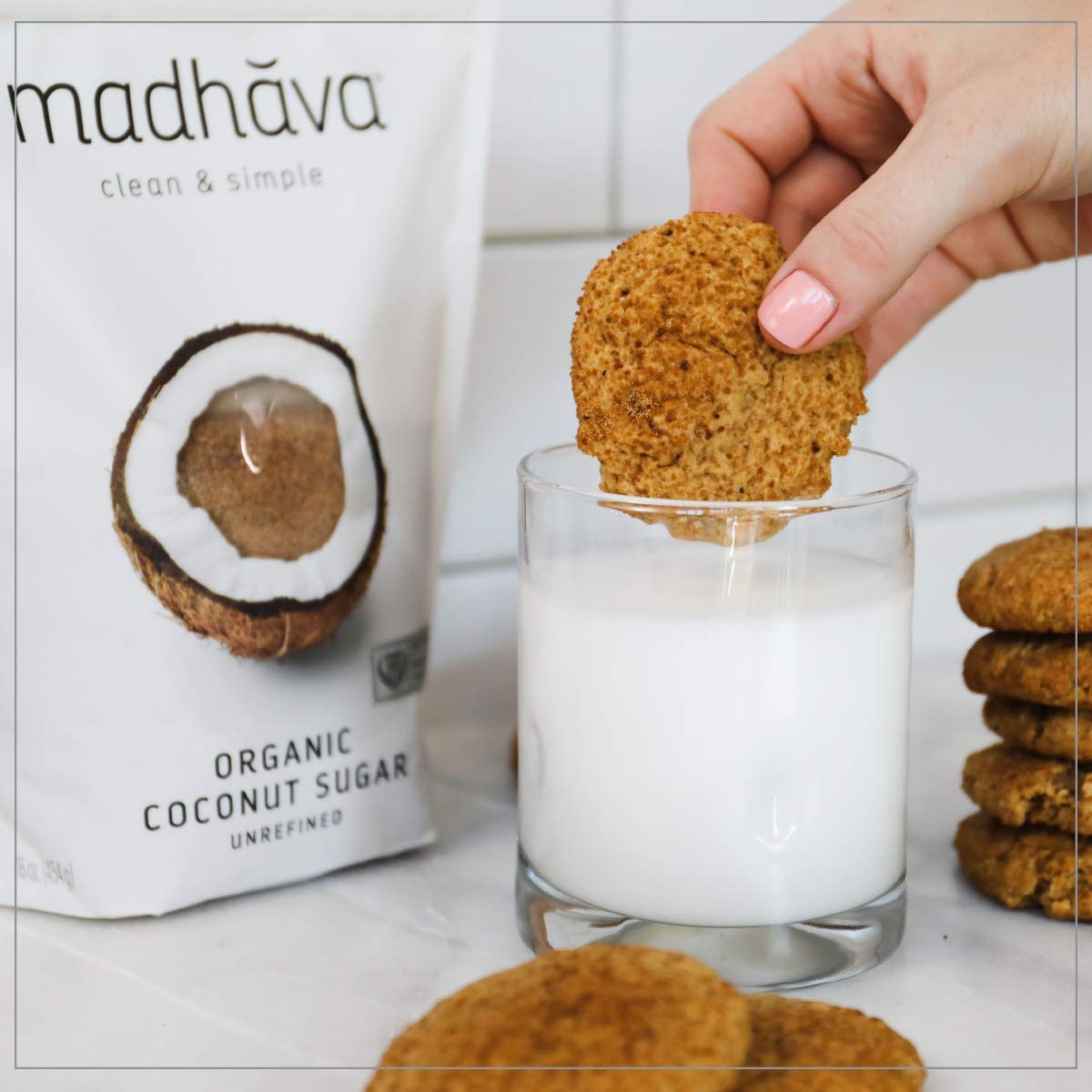 Madhava Coconut Sugar in kitchen scene, showcasing convenient 6-pack for home use