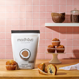 Madhava coconut sugar one-to-one substitution for refined sugar in recipes.