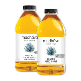 Madhava Organic Light Agave bottle pour shows smooth sweetness for drinks.