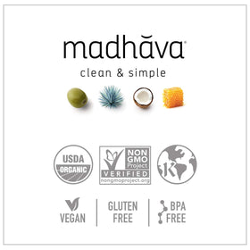 Madhava Organic Light Agave Nectar glass bottle shows pale amber drizzle for desserts