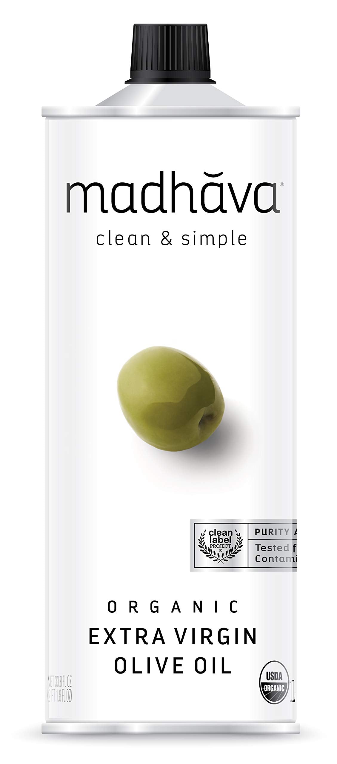 Madhava Organic Olive Oil 1L tin packaging highlights purity and everyday cooking versatility.