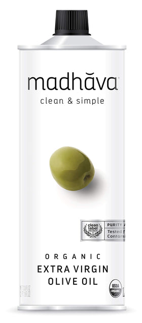 Madhava Organic Olive Oil 1L tin packaging highlights purity and everyday cooking versatility.