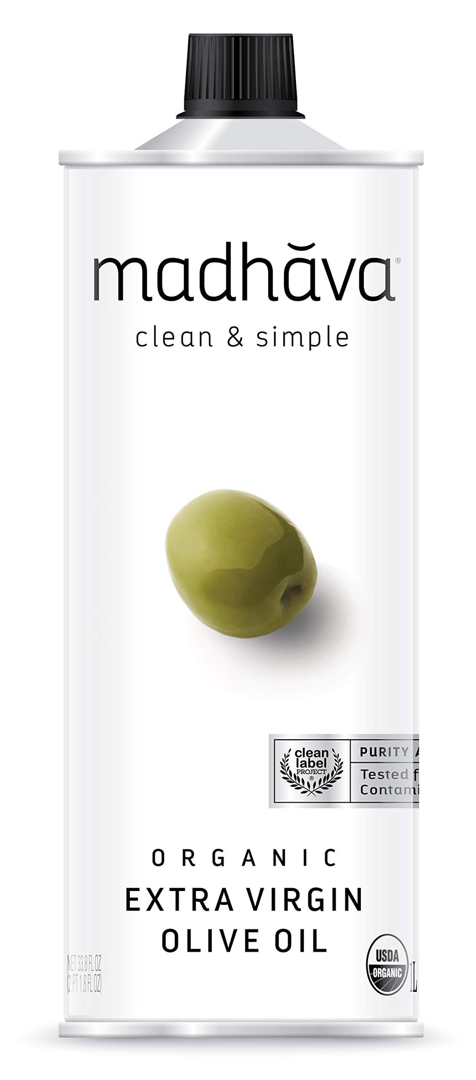 Madhava Organic Olive Oil 1L tin packaging highlights purity and everyday cooking versatility.