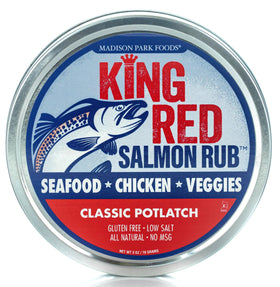 Madison Park Foods King Red Salmon Rub bottle showing Alaska-inspired spice blend for rich flavor