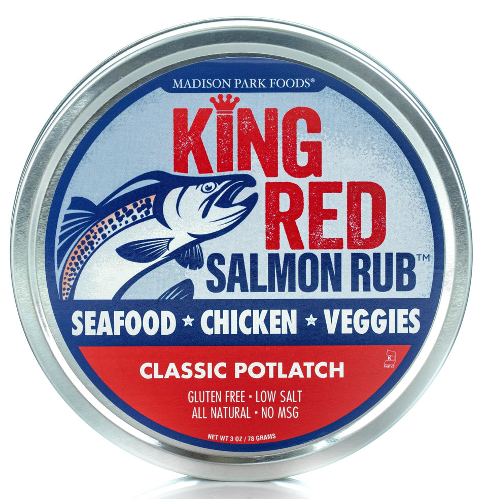 Madison Park Foods King Red Salmon Rub bottle showing Alaska-inspired spice blend for rich flavor