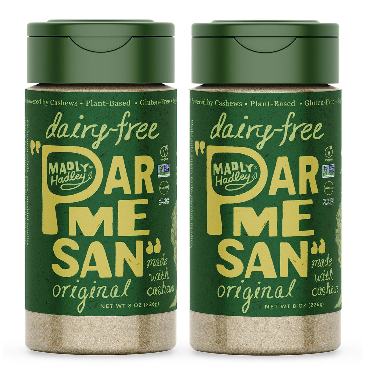 Madly Hadley plant-based parmesan sprinkle over pasta for dairy-free, savory richness