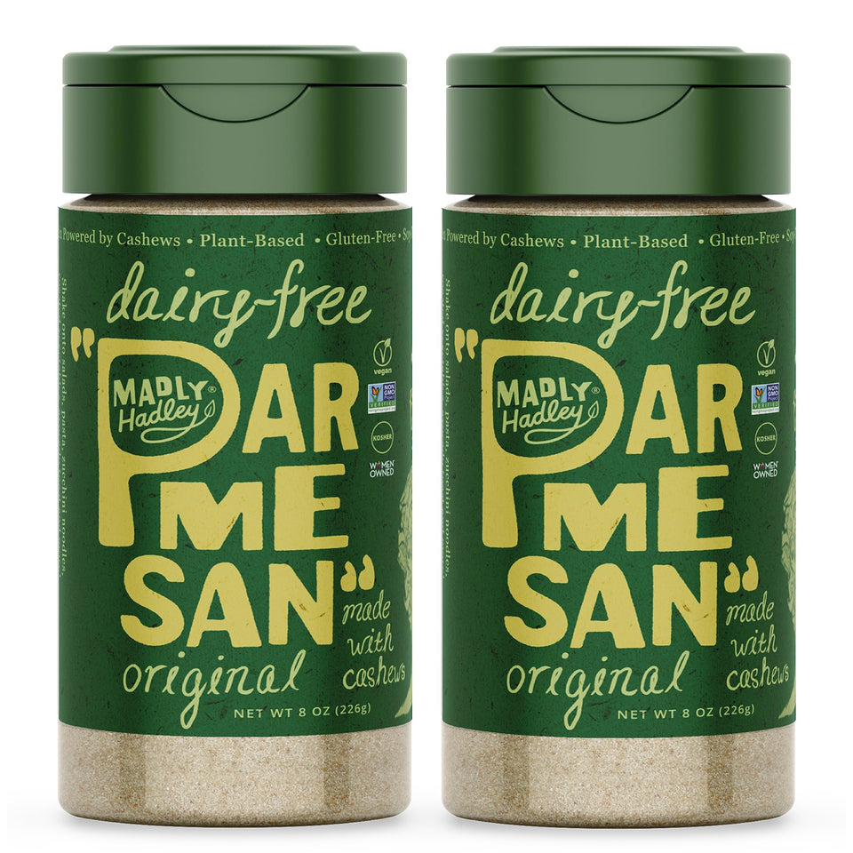 Madly Hadley plant-based parmesan sprinkle over pasta for dairy-free, savory richness