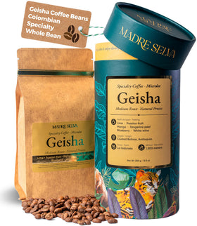 MADRE SELVA Geisha whole bean pack shot, ideal for home brewing and aroma.