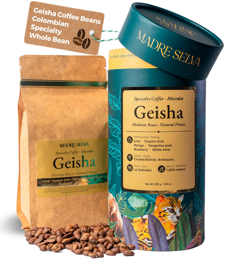MADRE SELVA Geisha whole bean pack shot, ideal for home brewing and aroma.