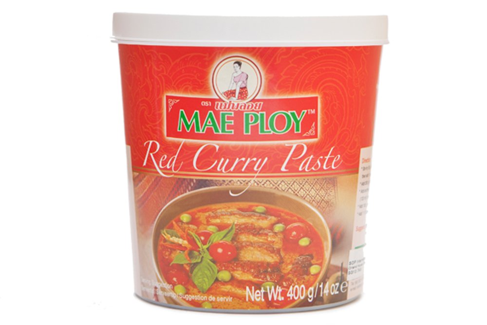 Mae Ploy red curry paste tub—authentic Thai flavor enhancer for curries, soups, and marinades.