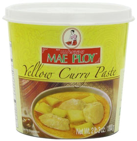 Mae Ploy Yellow curry paste tub on kitchen counter ready for easy Thai cooking