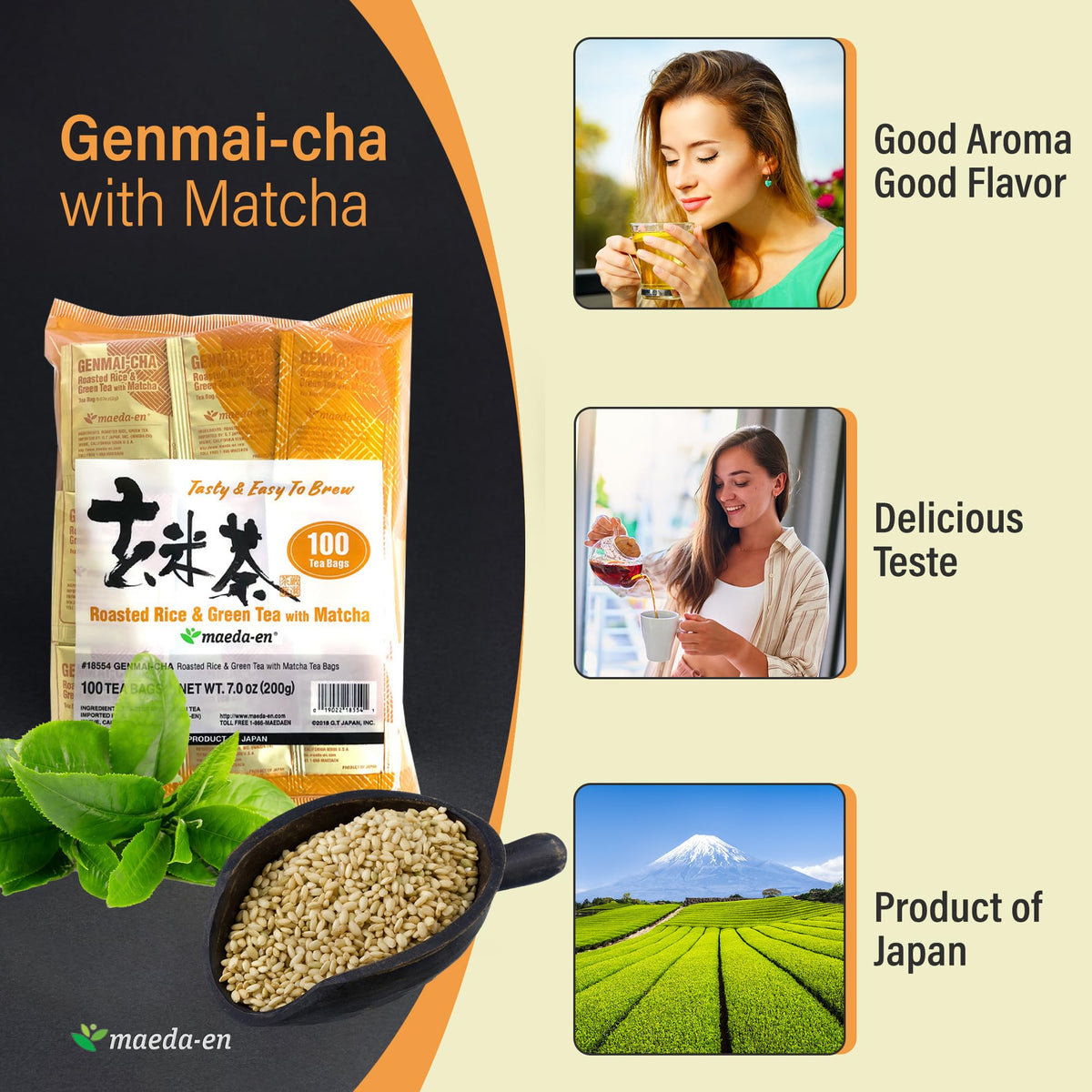 Hot cup of MAEDA-EN Genmai-cha with a light green hue and inviting aroma.